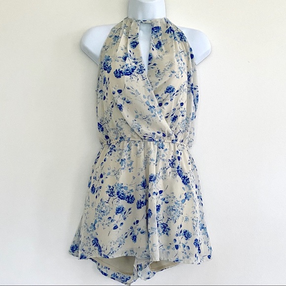 Japna Blue/Tan Floral Romper with Keyhole Neckline - Picture 2 of 8